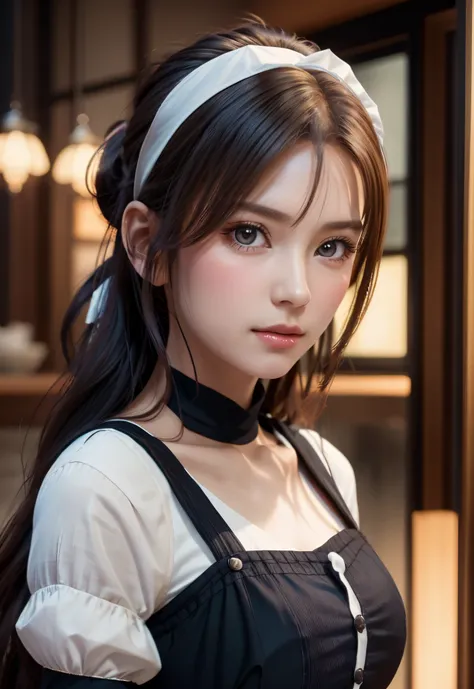 8K, of the highest quality, masutepiece:1.2), (Realistic, Photorealsitic:1.37), of the highest quality, masutepiece, Beautiful young woman, Pensive expression,、A charming、and an inviting look, Cute Maid Clothes, Hair tied back, Cinematic background, Light ...