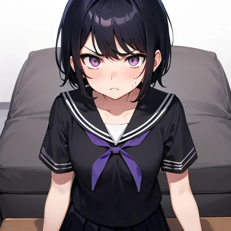 Short blue-gray-black hair，Black short-sleeved sailor uniform school uniform plus skirt，White skin ，Purple eyes ,Pouting angrily，girl，small breasts