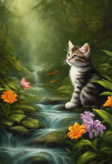 Heroic fantasy drawing of a cute kitten, grassy, wildflowers, Flowing water, shimmering with many trees and reflections, vine,In a dangerous fantasy world. Airbrush on oil painting on canvas. Best quality at best, A high resolution,Predating human civiliza...