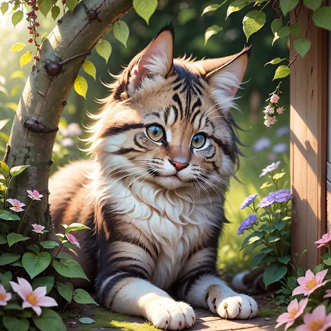 best quality,ultra-detailed,realistic artwork,illustration,adorable furry creature,soft fur,curious expression,playful eyes,fluffy tail,hint of mischief,majestic color palette,emerging from a vibrant garden,morning sunlight filtering through leaves,natural...