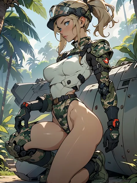 1woman 20 years old, max resolution, sculpted, military, wearing a soldier helmet, beautiful, perfect body, blonde hair, blue eyes, perfect body, thin waist, wide hips, large breasts, slim thighs, jungle background, armored vehicle, military robot dog, cam...