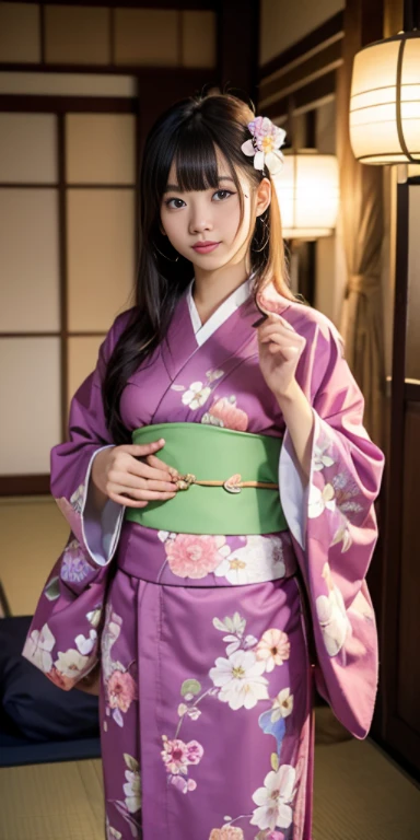 (masutepiece, Best Quality:1.4), Beautiful face, 8K, 85 mm, absurderes, ((FULL BODYSHOT:1.3))、((Japanese-style room with futons))、(Floral pattern long-sleeved kimono:1.4), cowboy  shot、violaceaess, gardeniass, Delicate girl, Solo, Long bob hair、Night, Look...