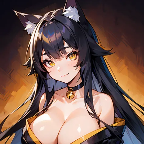 1woman, long black hair, yellow eyes, cat ears, black kimono, big breast, black choker with bell, black cat tail, smile, solo, best quality, masterpiece, portrait, simple background, looking at the camera, from the front, detailed, perfect anatomy, detaile...