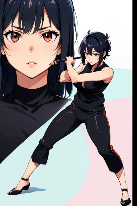 cute boy,black hair pulled up, black clothes, full body,boy, a young boy, bangs up, hair standing up, combat stance, fighting st...