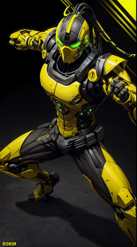 zxcrx, cyborg ninja wearing sleek, black and yellow armour that incorporates various mechanical components, his face is covered ...