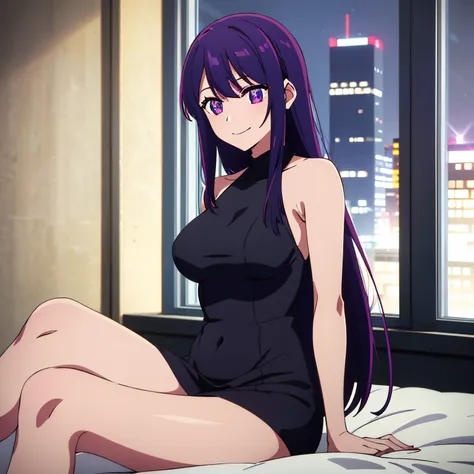 point of view (from the front), masterpiece, best quality, night, window, light coming in, city view from the window, Ai Hoshino, 1 girl, alone, long hair, purple hair, purple eyes, pupils in six-pointed star shape, dress, dress black one piece, tight dres...