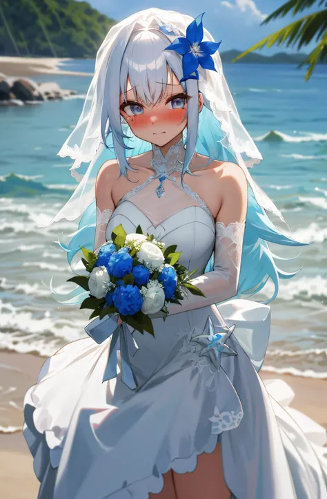 One girl with long curly hair, white hair, blue inner hair, looking at viewer, blushing, embarrassed, tears, wedding venue, beach, flower, wedding dress, bridal veil, lace gloves, dizzy, mid-chest, perfect waist, spread legs, day atmosphere, hair ornament,...