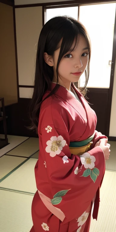 (masutepiece, Best Quality:1.4), Beautiful face, 8K, 85 mm, absurderes, ((FULL BODYSHOT:1.3))、((traditional Japanese room（With futon）))、(Floral pattern long-sleeved kimono:1.4), cowboy  shot、violaceaess, gardeniass, Delicate girl, Solo, Long bob hair、Night...