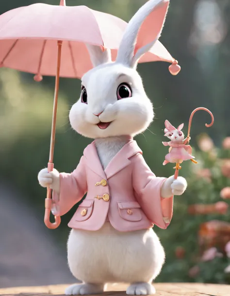 light background color, 3D rendering, a super cute light pink and white Pixar style fairy tale rabbit, holding an umbrella in hand, singing, smiling, sweet smile, lovely smile, with two lovely ears, sparkling fur, bright big eyes, fluffy hair, dressed in e...