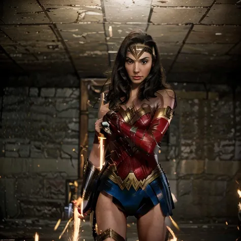 Generate an action-packed image featuring Wonder Woman engaged in a dynamic battle with WandaVision. Envision a powerful clash between the two characters, each showcasing their unique abilities. Request detailed expressions, distinctive poses, and a vibran...