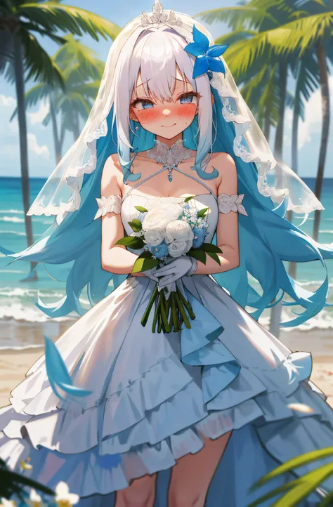 One girl with long curly hair, white hair, blue inner hair, looking at viewer, blushing, embarrassed, little smile, tears, wedding venue, beach, flower, wedding dress, bridal veil, lace gloves, dizzy, mid-chest, perfect waist, spread legs, day atmosphere, ...