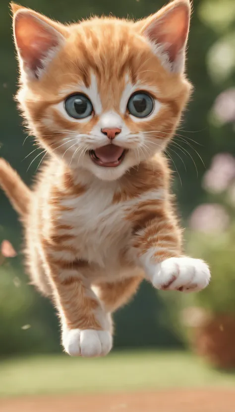 kitten leaping and jumping in air, garden, pixar style, 3d, depth of field --ar 9:16