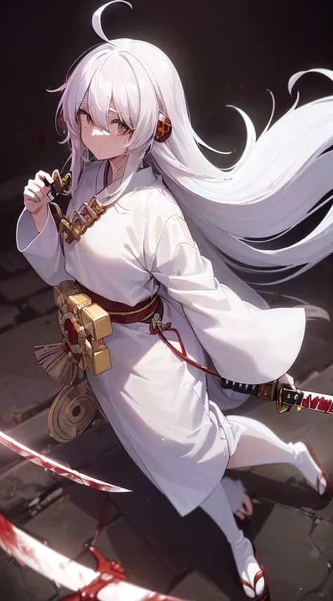 (((top-quality，ultra-detailliert，8K，)))，(white  hair，The long-haired:1.5)，animal long ears，(anime ahoge:1.8)，(White shirt:1.4)，(Japan holding a sword:1.3)，(blood stain/bleed:1.5)，Vibrant poses