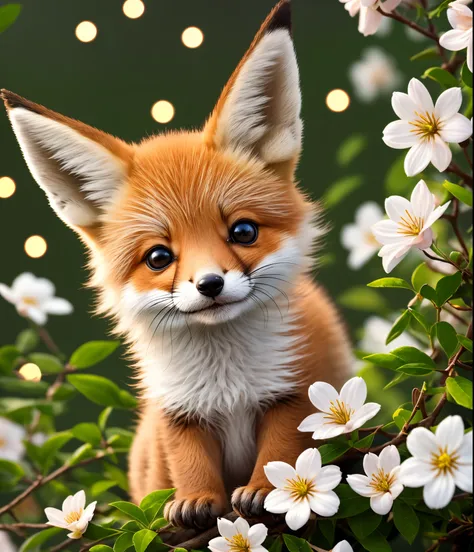 Cute baby fox emerging from a flowering bush, lights twinkling in the air --auto --s2