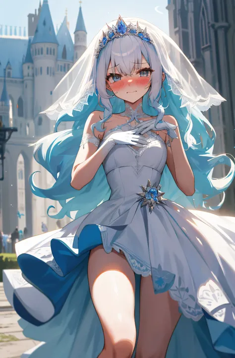 One girl with long curly hair, white hair, blue inner hair, looking at viewer, blushing, embarrassed, tears, outdoor, castle behind, tiara, wedding dress, bridal veil, lace gloves, dizzy, mid-chest, perfect waist, spread legs, day atmosphere, hair ornament...