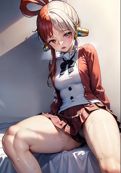 Smooth Anime CG Art、solofocus、1girl in、(((View from directly below)))、(((upper body))、red bowtie、blazers、Brown jacket、long-sleeve、Plaid skirt、(small tits)、(((Sweat)))、slender、Hair Flower、Medium hair、(((Sweaty)))、Teary-eyed、red blush、embarassed expression、O...