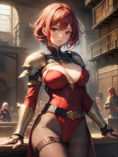 top-quality、Full limbs、complete fingers、one beautiful women、Beautiful Large Breasts、Medium short hair、straight haired、Red hair、(red high neck leotard:1.3)、(Brown pantyhose)、((sacred place))、Woman knight、((Western armor、gauntlets、a belt、breastplates、Shin pa...