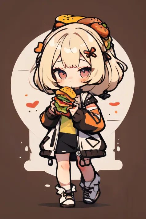 Girl eating big hamburger, hamburger is more biggger than her full body, tiny girl, chibi girl, big food hamburger