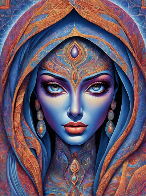 stunningly beautiful female faces, arabic woman’s features, multiple faces:: 5, self & godself, psychedelic, ethereal, ornate, hypercolor, detailed, in style of Alex Grey, intricate detail, hypermaximalist, --v 4 --ar 2:3