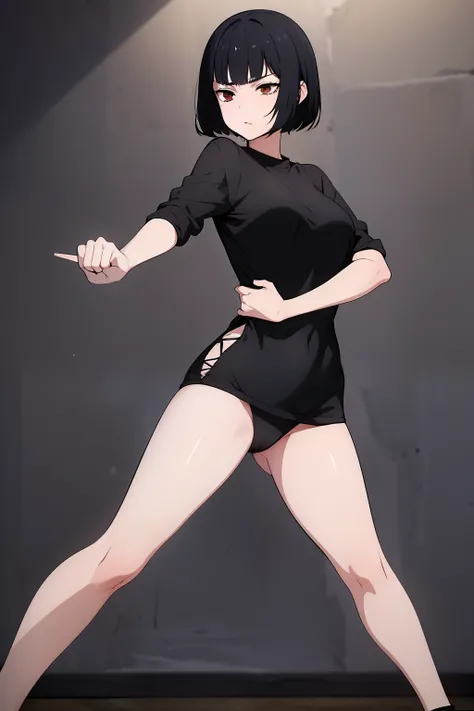 Cute girl,black hair pulled up, black clothes, full body,boy, a young girl, Bangs up, hair standing up, Combat stance, Fighting stance, Hand drawing is better, sexy body, Better eye drawing, finer details, high quality, sexy,