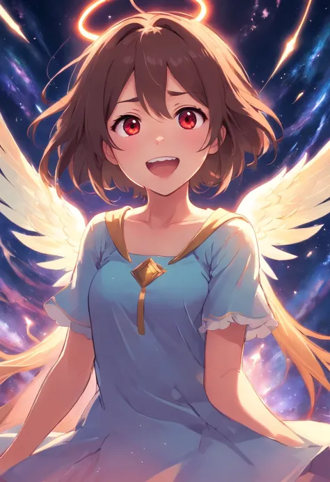 Cute teen princess girl draining the universe, villain, evil, open mouth, mean laugh, long hair, thin, schoolgirl outfit,  red eyes glowing, looking at viewer, from below, crown, angel wings,