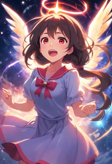 Cute teen princess girl draining the universe, villain, evil, open mouth, mean laugh, long hair, thin, schoolgirl outfit,  red eyes glowing, looking at viewer, from below, crown, angel wings,