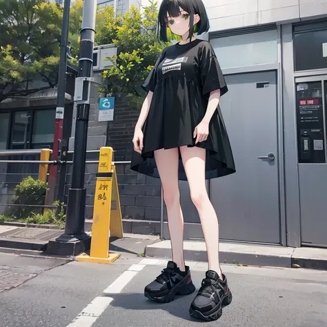 teens girl（cabelos preto e longos、Green long T-shirt dress、black knee length leggings、Short socks、black platform sneakers、to stand、low angles、）、城市