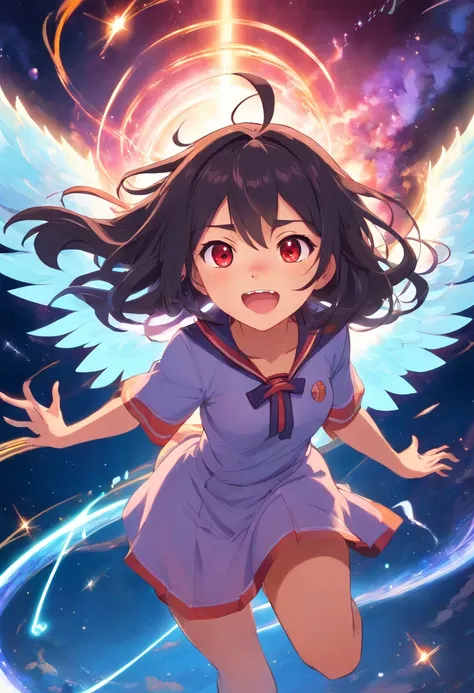 Cute divine teen witch girl draining the universe, villain, evil, open mouth, mean laugh, long hair, thin, sorceress outfit, red eyes glowing, looking at viewer, from below, crown, angel wings, magic circle, life stream,