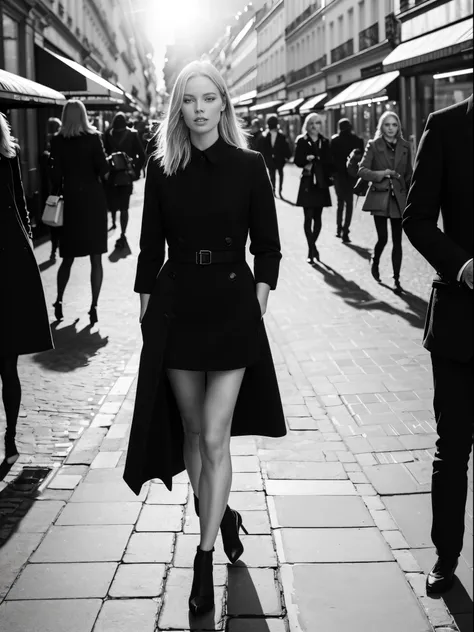 1 female focused, swedish woman model walking down a busy city street in a dress, proportion of fashion models, a black and white photo, in Paris, standing in Paris, (paparazzi), street photography style, shot on Leica summilux 35mm, (lens flare), CHANEL a...