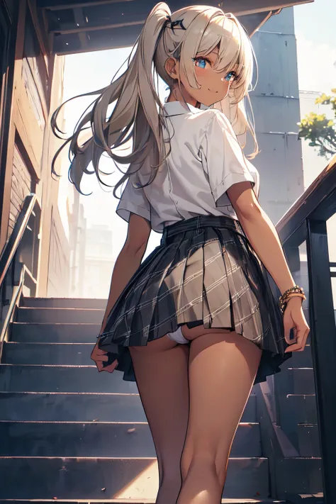 Black thighhighs、(school uniforms:1.3), (beige
solid-color clothes around
waist:1.5), (knot on waist:1.3), (white collared-shirt:1.4), ((white collar, unbutton, short sleeve):1.2), (light green plaid-pattern pleated-skirt:1.3), ((necklace, colorful bracele...