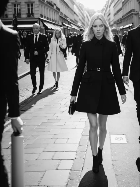 1 female focused, swedish woman model walking down a busy city street in a dress, proportion of fashion models, a black and white photo, in Paris, standing in Paris, (paparazzi), street photography style, shot on Leica summilux 35mm, (lens flare), CHANEL a...