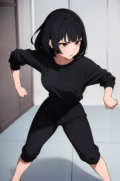 Cute girl,black hair pulled up, black clothes, full body,boy, a young girl, Bangs up, hair standing up, Combat stance, Fighting stance, Hand drawing is better, sexy body, Better eye drawing, finer details, high quality, sexy,