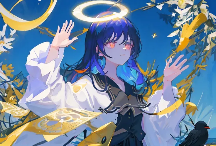 1girl, fringe, dark eyes, eye shadow, in a bathrobe, Woman waving her hands in the air, bubbles, the wind, dark aura, luminous skin, night time, blue skies, dark shadows, twin drills, Shiny hair, Dark halo, glowing eyes, Detailed background, water:1.2, Flo...