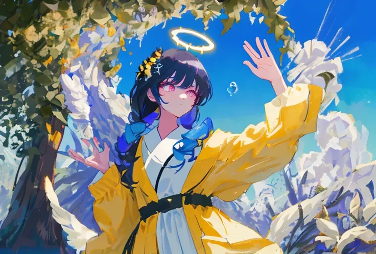 1girl, fringe, dark eyes, eye shadow, in a bathrobe, Woman waving her hands in the air, bubbles, the wind, dark aura, luminous skin, night time, blue skies, dark shadows, twin drills, Shiny hair, Dark halo, glowing eyes, Detailed background, water:1.2, Flo...