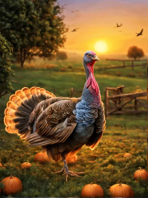 turkey,(turkey:a bird),farm at dawn,​masterpiece,top-quality,Flapping,dance,all displayed,,cute little,,A delightful,tre anatomically correct,,photoRealstic,