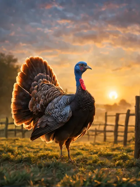 turkey,(turkey:a bird),farm at dawn,​masterpiece,top-quality,Flapping,dance,all displayed,,cute little,,A delightful,tre anatomically correct,,photoRealstic,