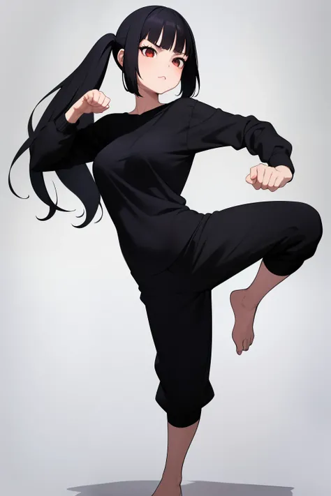 Cute girl,black hair pulled up, black clothes, full body,boy, a young girl, Bangs up, hair standing up, Combat stance, Fighting stance, Hand drawing is better, sexy body, Better eye drawing, finer details, high quality, sexy,