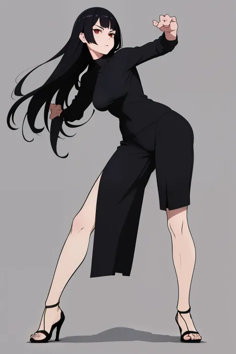 Cute girl,black hair pulled up, black clothes, full body,boy, a young girl, Bangs up, hair standing up, Combat stance, Fighting stance, Hand drawing is better, sexy body, Better eye drawing, finer details, high quality, sexy,