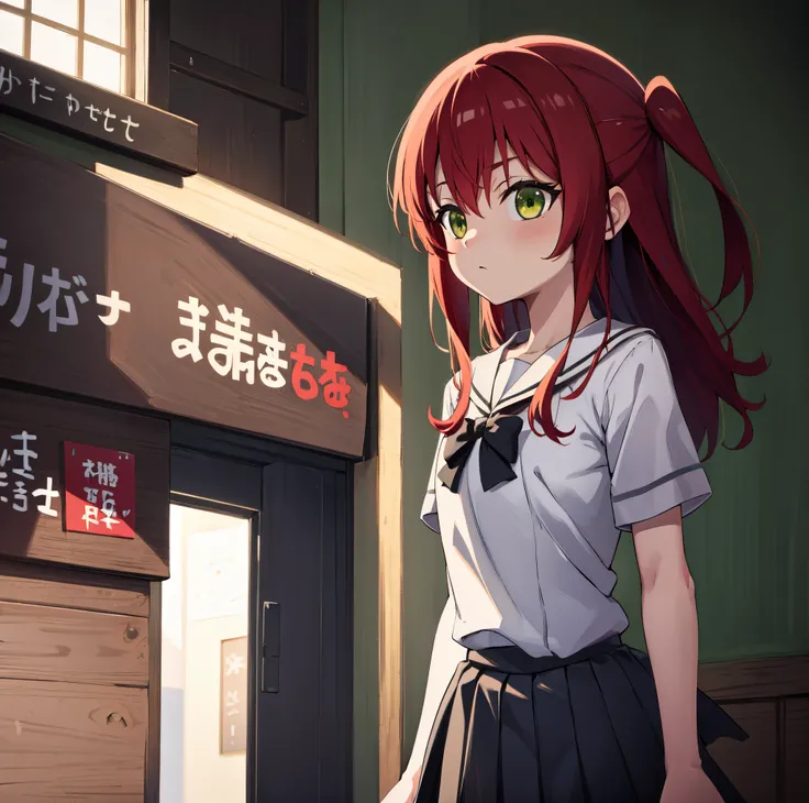 kitaikuyo, ikuyo kita, (green eyes:1.5), hair between eyes, long hair, one side up, red hair, (flat chest:1.2),
BREAK black footwear, black skirt, grey sailor collar, pleated skirt, sailor collar, school uniform, shoes, short sleeves, shuka high school uni...