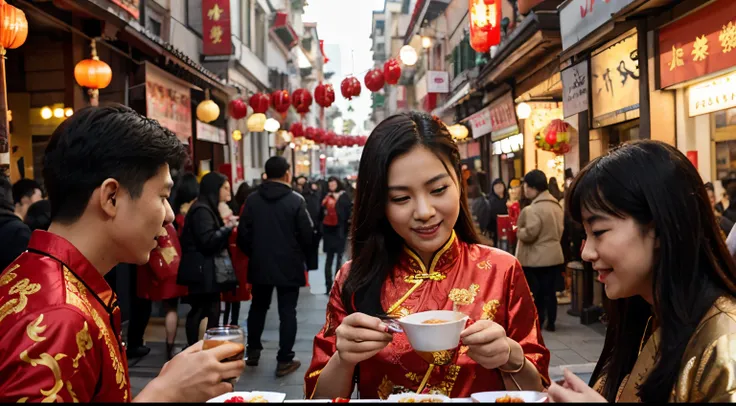 Chinese New Year celebrations in a city, drinks and food.