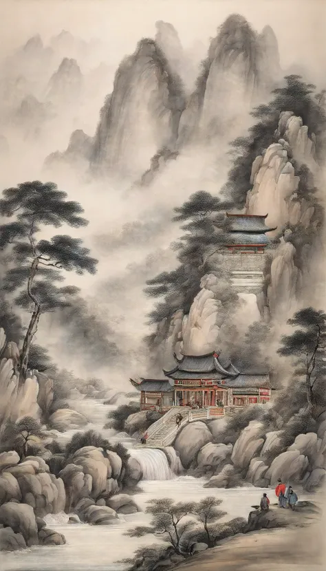 Chinese figure landscape painting，Ink painting and watercolor，larger ancient figures，The scholar，Lao Tzu，disciple，ink，Faraway view，Ultra-wide viewing angle，meticuloso，Low saturation in distant view，low-contrast，Beautifully depicted，Acura，Works of masters，t...