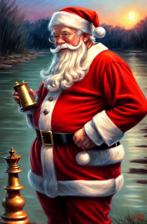 (santa claus:1.1,chess:1.1,river bank,summer evening),oil painting,classic style,dreamy colors,soft lighting