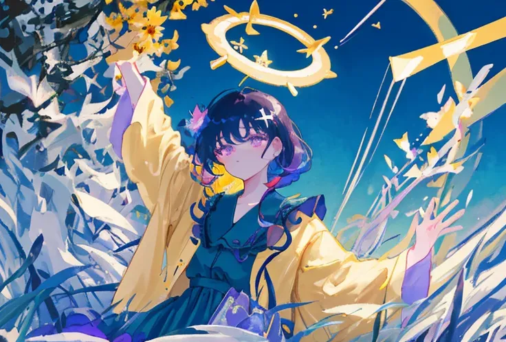 1girl, fringe, dark eyes, eye shadow, in a bathrobe, Woman waving her hands in the air, bubbles, the wind, dark aura, luminous skin, night time, blue skies, dark shadows, twin drills, Shiny hair, Dark halo, glowing eyes, Detailed background, water:1.2, Flo...