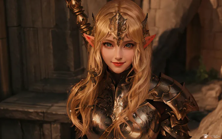 One in armor、Close-up of woman holding sword, Elf character with a silly smile, gorgeous female paladin, female elf, Eldon Ring Elf, Enchanting elven princess knight, beautiful female knight, Uma personagem feminina, elven warrior princess, beautiful femal...