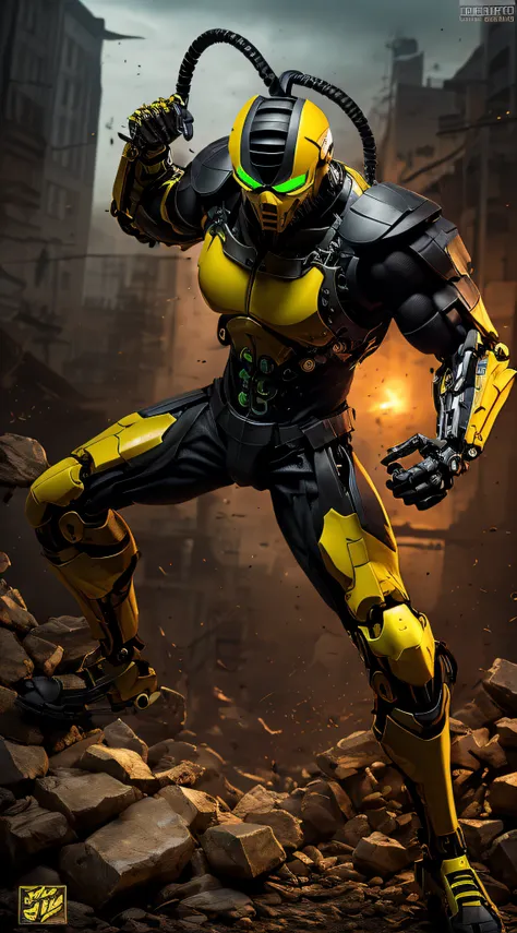 zxcrx, cyborg ninja wearing sleek, black and yellow armour that incorporates various mechanical components, his face is covered ...