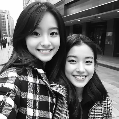 plaid shirt and black and white jacket, girl with the same face as last time, Cute smile,selfee