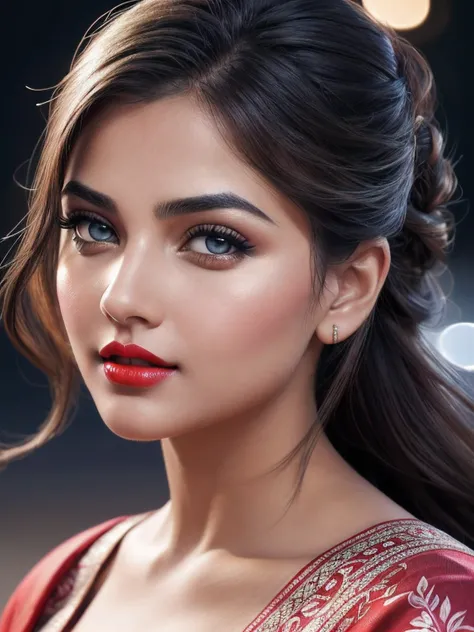 big boobs, night bokeh effect background, perfect pink eyes, fantastic face, Indian, beautiful look, ((red lips, bright eyes, curve heir 1.5)), ((beautiful details body)), A glorious gorgeous, glorious gorgeous face, pretty face, bright eyes, detailed eleg...