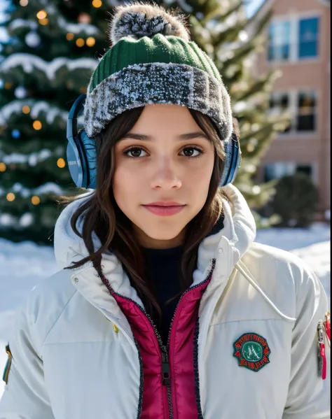 jortega looking at viewer,colorful (masterpiece, extremely detailed skin, photorealistic, key light, fill light), modern, full body, snow outside, snow jacket, christmas tree,headphones,college,