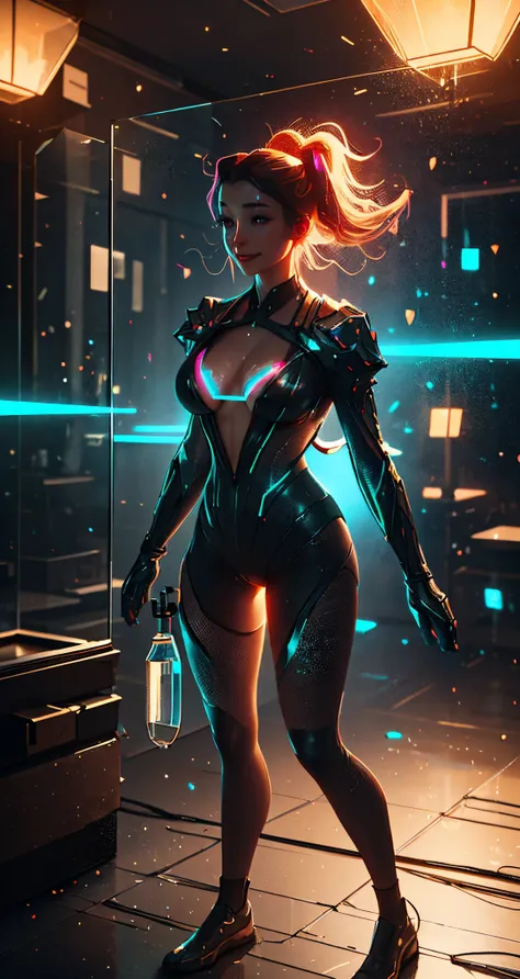 a glowing head made of glass and a glowing body made of glass, many transparent reflective glass, (nice breast) full body, long legs, big smile, amazing particles pulling misting out of the glass head and body, like droplets of glass floating, 8k highly de...