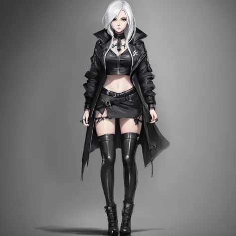 a drawing of a girl in black and white, style of charlie bowater, outfit design, tall female emo art student, full body drawing, full body illustration, full body character drawing, anime full body illustration, black sketch, full body;, full body portrait...